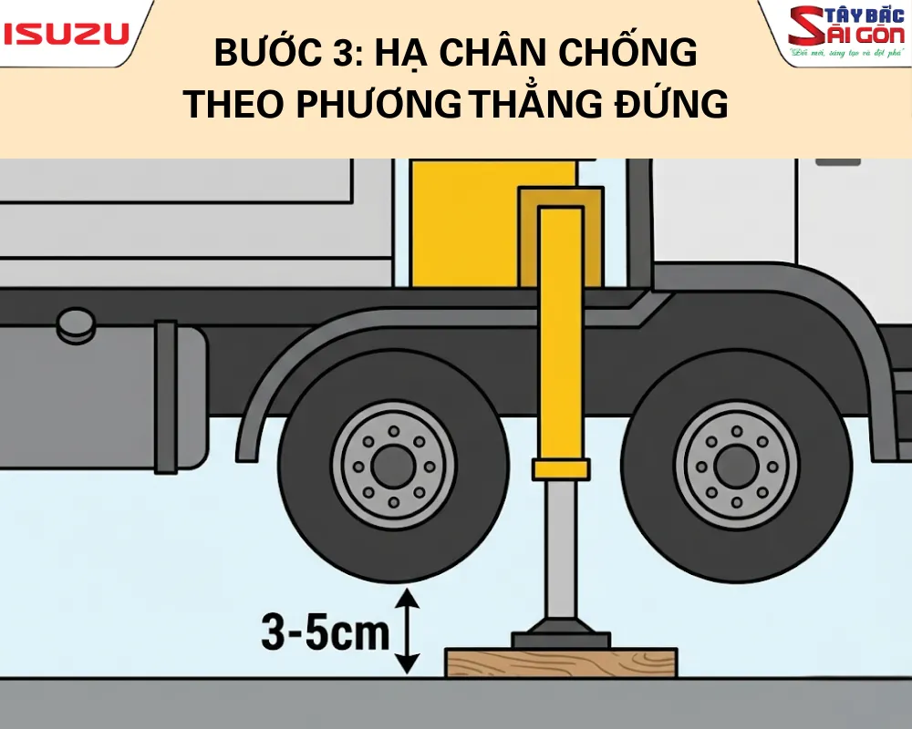 Thao tác hạ chân chống xe cẩu theo phương thẳng đứng nâng xe tải có cần cẩu lên khỏi mặt đất