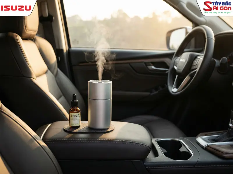 Máy khuếch tán tinh dầu khử mùi xe ô tô và lọ tinh dầu sả chanh trên xe ISUZU