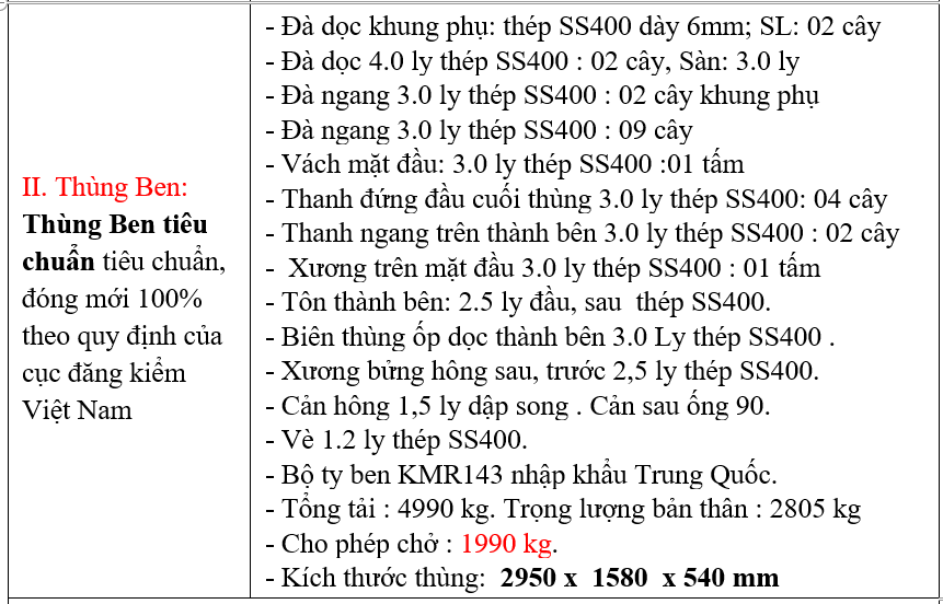 Thông số kỹ thuật thùng ben 2.5 khối xe ISUZU QKR230 Thông số kỹ thuật thùng ben 2.5 khối xe ISUZU QKR230