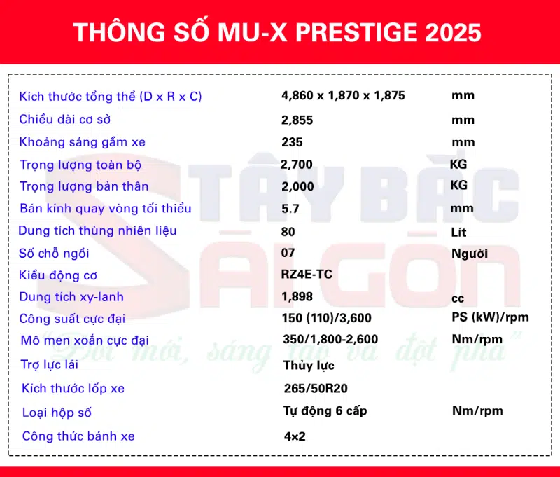 Thông số kỹ thuật MU-X PRESTIGE